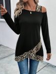Kadın Tek O Uzdan Açık Askılı Uzun Kollu Leopar Detaylı Viskon Bluz