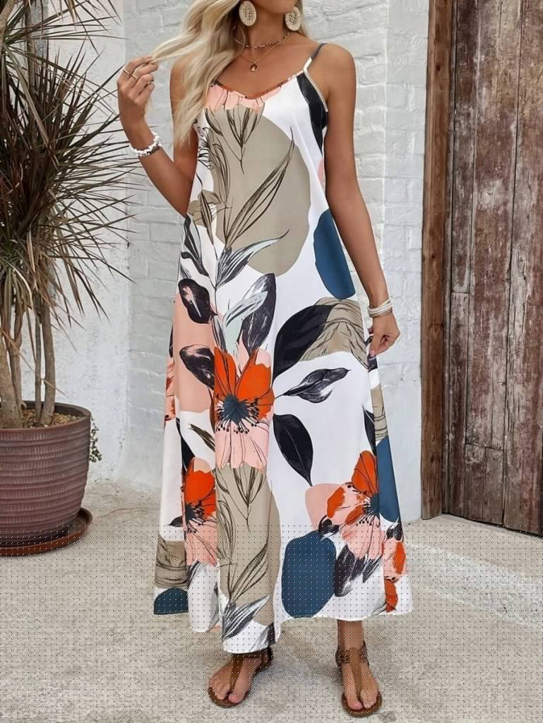 Kadın Ip Askılı Geniş V Yakalı Desenli Süprem Elbise Kadın Ip Askılı Geniş V Yakalı Desenli Süprem Elbise