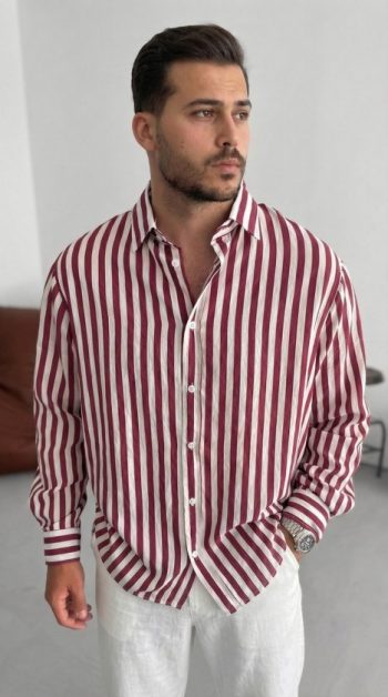 Erkek Dikey Çizgili Yarım Oversize Gömlek