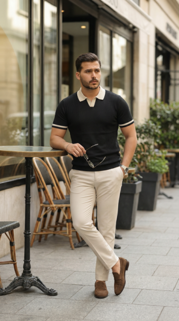 Erkek Renkli Yakalı File Desenli Kısa Kollu Tişört