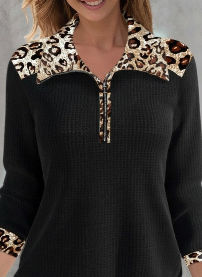 Kadın Uzun Kollu Leopar Yakalı Fermuarlı Waffle Bluz Kadın Uzun Kollu Leopar Yakalı Fermuarlı Waffle Bluz