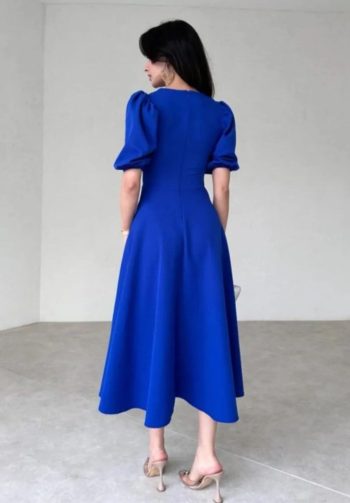 Kadın Kısa Balon Kollu Bisiklet Yaka Geniş Kesim Janjan Krep Elbise