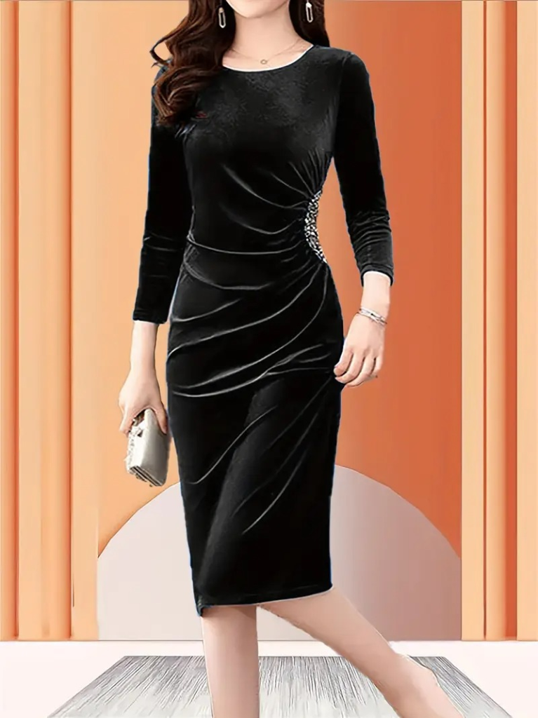 Kadın Uzun Kollu Bot Yaka Yanı Taş Detaylı Midi Kadife Elbise Kadın Uzun Kollu Bot Yaka Yanı Taş Detaylı Midi Kadife Elbise