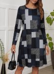 Kadın Uzun Kollu Yuvarlak Yaka Geometrik Süprem Elbise