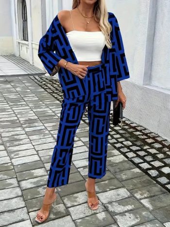 Kadın Uzun Kollu önü Açık Desenli Iki Iplik Ceket Ve Pantolon Ikili Takım