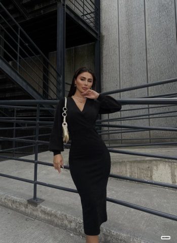 Kadın Uzun Kollu Kruvaze Yaka Büzgü Ve Balon Kol Detay Krep Kumaş Maxi Boy Simli Elbise