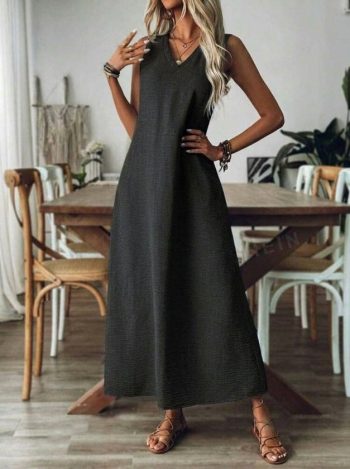 Kadın Askılı V Yakalı Uzun Elbise
