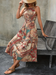 Kadın Kolsuz Boyundan Bağlamalı Beli Lastikli Dijital Baskı Süprem Uzun Elbise