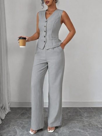 Kadın Askılı önden Düğmeli Bluz Ve Pantolon Keten Ikili Takım