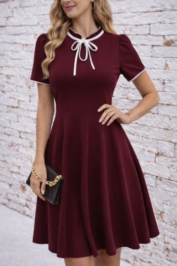 Kadın Kısa Kollu Yakadan Bağcıklı Ve Fırfırlı Midi Janjan Krep Elbise