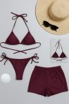 Kadın 3’lü Set Bordo Şortlu ve Yandan Bağlamalı Bikini Mayo Takımı