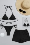 Kadın 3’lü Set Siyah Şortlu ve Yandan Bağlamalı Bikini Mayo Takımı