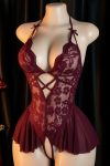 Kadın Bordo Dantel ve Tül Detaylı Derin V Yaka Teddy Gecelik