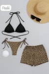 Kadın 3’lü Set Siyah ve Leopar Desenli Şortlu Yandan Bağlamalı Bikini Mayo Takımı