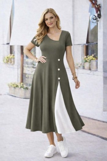 Kadın Kısa Kollu Asimetrik Yakalı Düğme Detaylı Midi Viskon Elbise