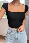 Kadın Siyah Kare Yaka Yarım Kol Göğüs Dekolteli Crop Top Bluz