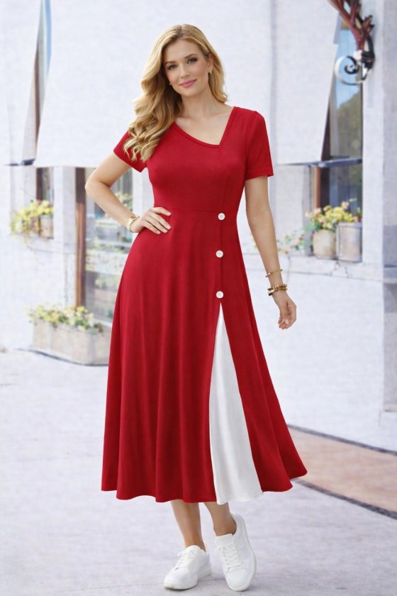 Kadın Kısa Kollu Asimetrik Yakalı Düğme Detaylı Midi Viskon Elbise Kadın Kısa Kollu Asimetrik Yakalı Düğme Detaylı Midi Viskon Elbise