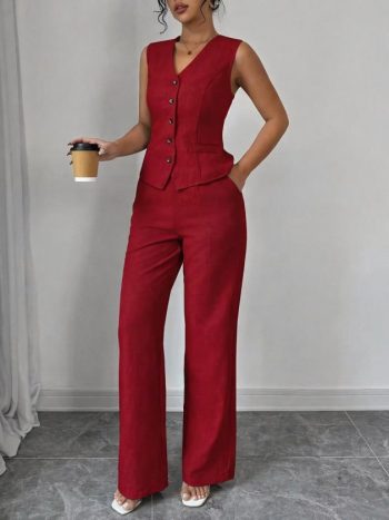 Kadın Askılı önden Düğmeli Bluz Ve Pantolon Keten Ikili Takım