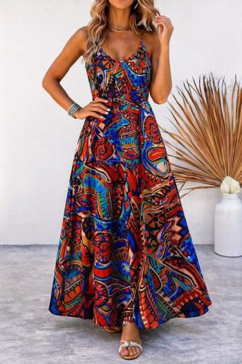 Kadın Askılı V Yakalı Desenli Uzun Süprem Elbise