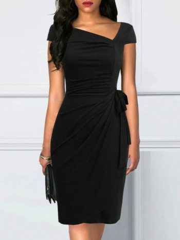 Kadın Kısa Kollu V Asimetrik Yaka Kesimli Yandan Bağlamalı Mini Janjan Krep Elbise