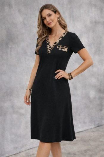 Kadın Kısa Kollu V Yakalı Süs Cep Detaylı Midi Viskon Elbise