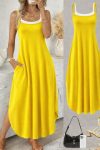 Kadın Ip Askılı Yuvarlak Yakalı Cepli Uzun Viskon Elbise