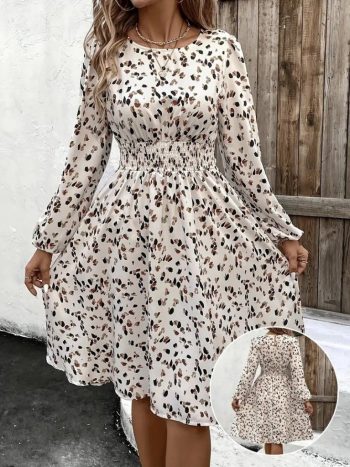 Kadın Uzun Kollu Bot Yaka Beli Lastikli Midi Süprem Elbise