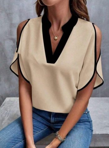 Kadın Kısa Kollu V Yakalı Ithal Krep Bluz