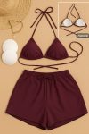 Kadın 3’lü Set Bordo Şortlu ve Yandan Bağlamalı Bikini Mayo Takımı