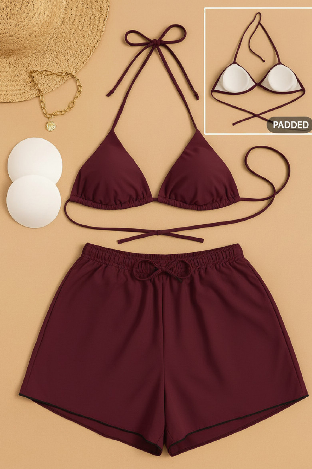 Kadın 3'lü Set Bordo Şortlu ve Yandan Bağlamalı Bikini Mayo Takımı Kadın 3'lü Set Bordo Şortlu ve Yandan Bağlamalı Bikini Mayo Takımı