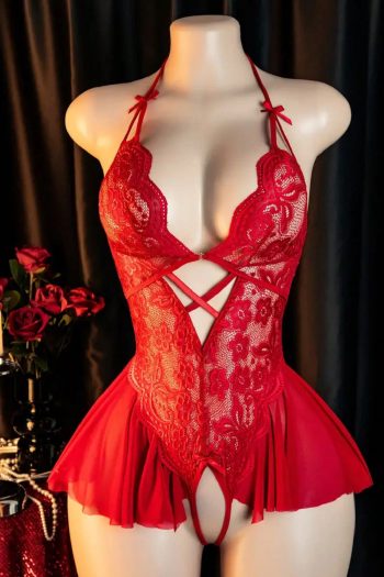 Kadın Kırmızı Dantel ve Tül Detaylı Derin V Yaka Teddy Gecelik