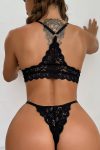 Kadın Siyah Sırtı Dantel ve İp Detaylı Şık Sütyen Külot Takımı