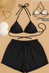 Kadın 3’lü Set Siyah Şortlu ve Yandan Bağlamalı Bikini Mayo Takımı