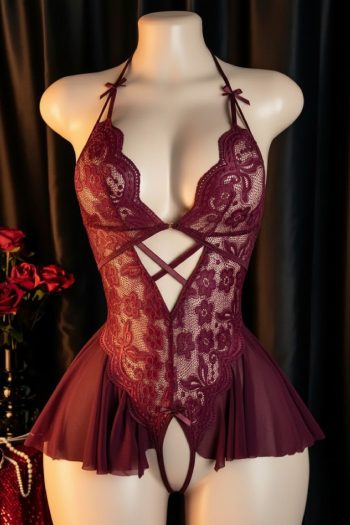 Kadın Bordo Dantel ve Tül Detaylı Derin V Yaka Teddy Gecelik