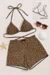 Kadın Leopar Desenli Şortlu Belden ve Boyundan Bağlamalı Bikini Takımı