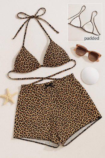 Kadın Leopar Desenli Şortlu Belden ve Boyundan Bağlamalı Bikini Takımı