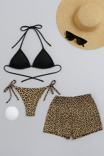 Kadın 3'lü Set Siyah ve Leopar Desenli Şortlu Yandan Bağlamalı Bikini Mayo Takımı