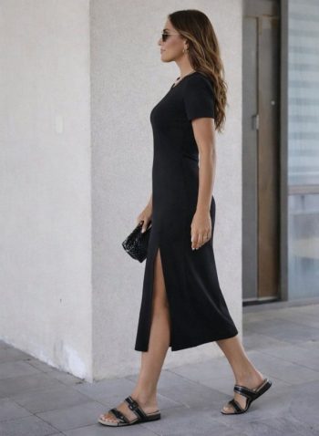 Kadın Kısa Kollu Bisiklet Yaka Yandan Yırtmaçlı Midi Viskon Elbise