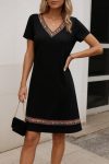 Kadın Kısa Kollu V Yakalı Etnik Desen şerit Detaylı Viskon Elbise