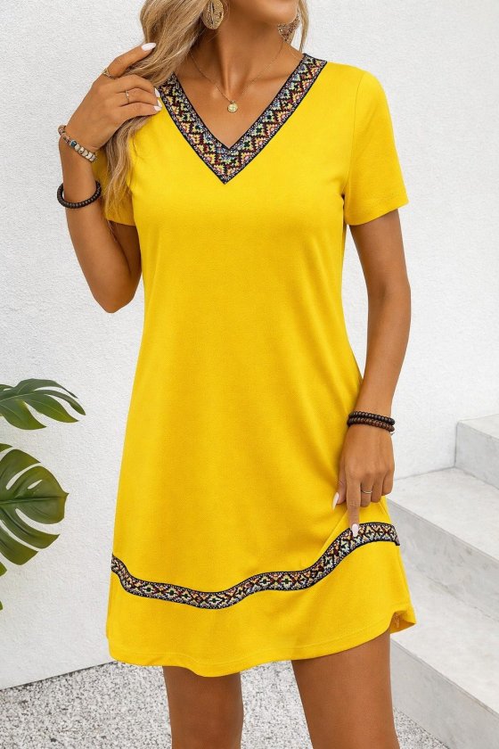 Kadın Kısa Kollu V Yakalı Etnik Desen şerit Detaylı Viskon Elbise Kadın Kısa Kollu V Yakalı Etnik Desen şerit Detaylı Viskon Elbise