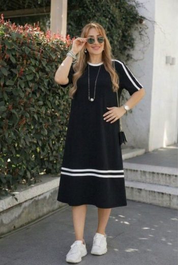 Kadın Kısa Kollu Bisiklet Yaka şerit Detaylı Midi Viskon Elbise