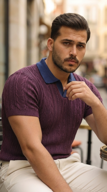 Erkek Desenli Kısa Kollu Triko Tişört - %100 Pamuk Akrilik