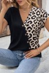 Kadın Kısa Kollu V Yakalı önden Düğmeli Leopar Desen Detaylı Viskon Bluz