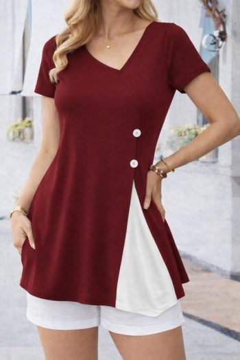 Kadın Kısa Kollu Asimetrik V Yakalı Düğme Detaylı Viskon Bluz