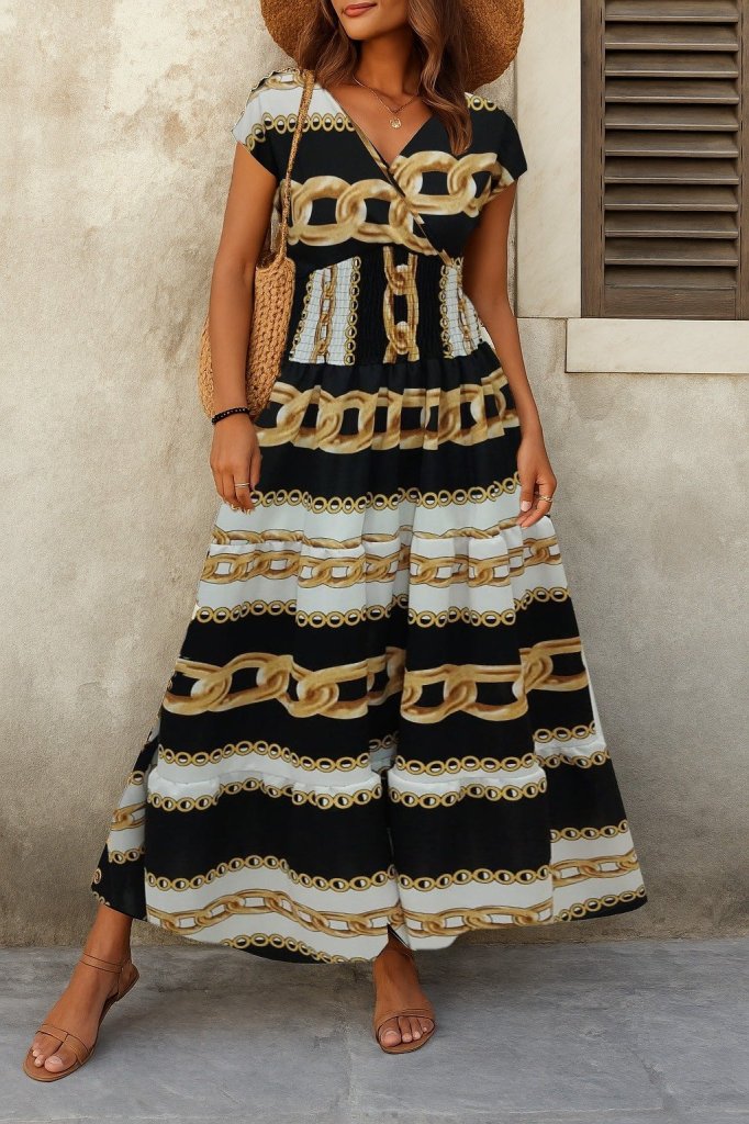 Kadın Kısa Kollu Kruvaze Yaka Beli Lastikli Süprem Maksi Boy Elbise Kadın Kısa Kollu Kruvaze Yaka Beli Lastikli Süprem Maksi Boy Elbise