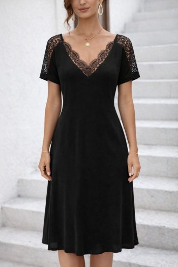 Kadın Kısa Kollu Dantel V Yakalı Midi Viskon Elbise