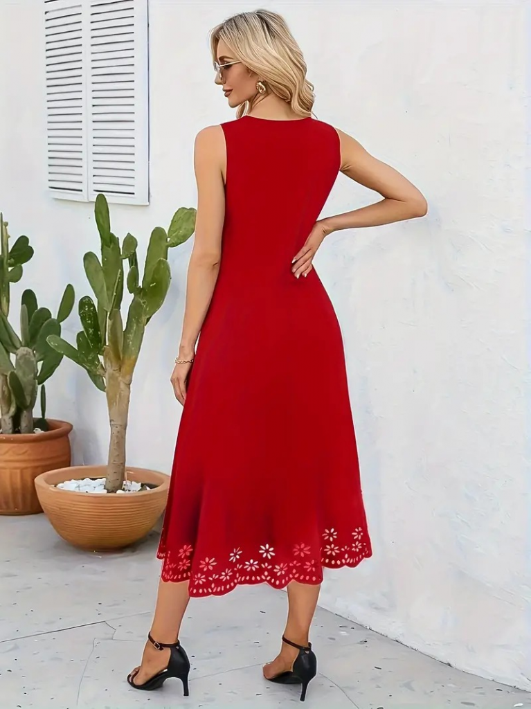 Kadın Kolsuz Etek Ucu Lazer Kesim çiçek Desenli Midi Boy Ithal Krep Elbise Kadın Kolsuz Etek Ucu Lazer Kesim çiçek Desenli Midi Boy Ithal Krep Elbise