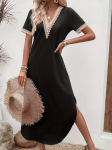 Kadın Kısa Kollu Dantel V Yakalı Uzun Viskon Elbise