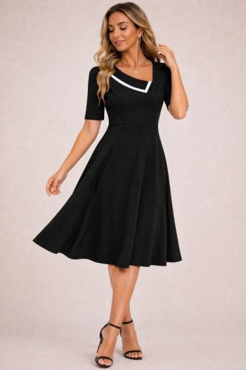 Kadın Kısa Kollu Asimetrik Yaka Detaylı Midi Janjan Krep Elbise