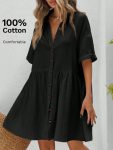 Kadın Kısa Kollu Yakalı önden Düğmeli Kısa Bürümcük Elbise